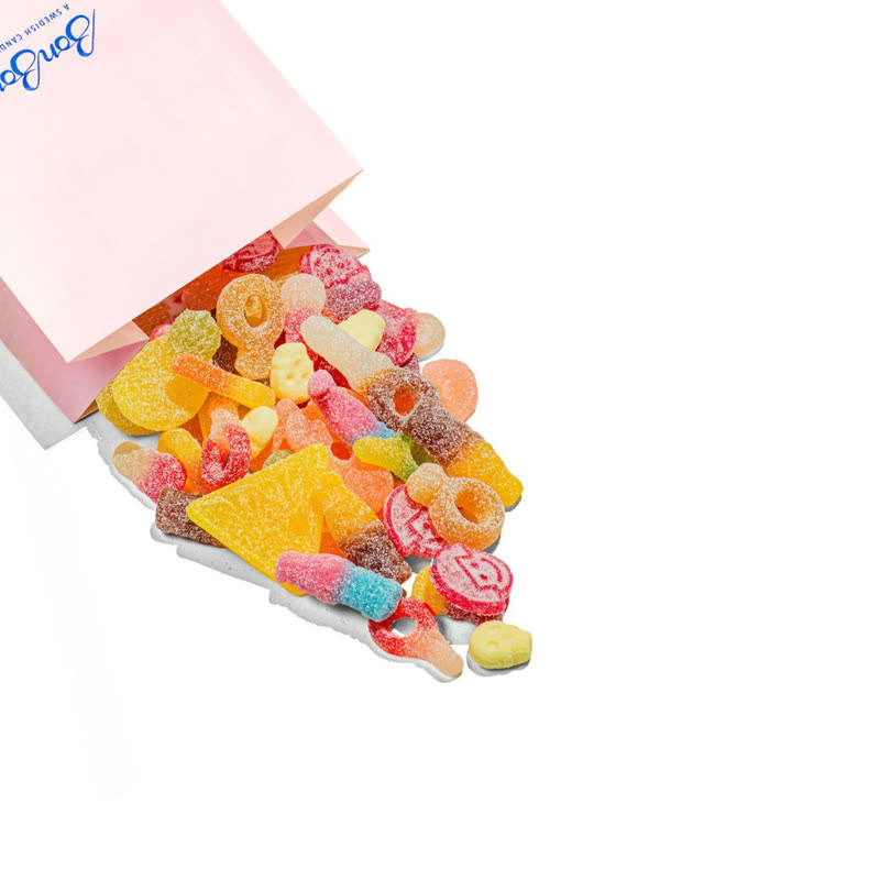 A pink BonBon candy bag spilling Sour Mix